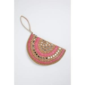 NEW ETHNIQUE sandia raffia clutch wristlet bag in gold/pink